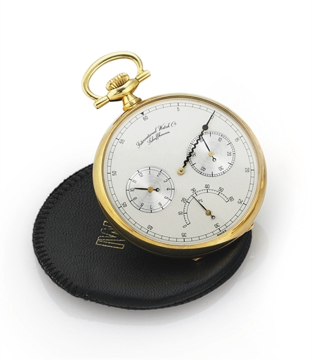 IWC. A FINE AND UNUSUAL 18K GOLD OPENFACE KEYLESS LEVER POCKET WATCH WITH REGULATOR-STYLE DIAL