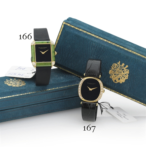 IWC. A FINE LADY'S 18K GOLD, DIAMOND, ONYX AND NEPHRITE RECTANGULAR WRISTWATCH