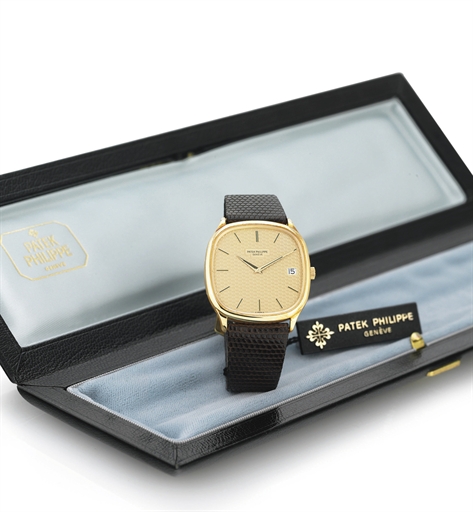 PATEK PHILIPPE. A FINE AND RARE 18K PINK GOLD CUSHION AUTOMATIC WRISTWATCH WITH DATE