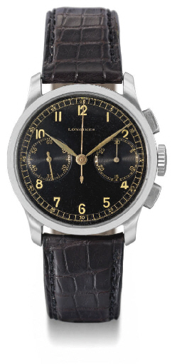 Longines. An attractive stainless steel chronograph wristwatch with black dial