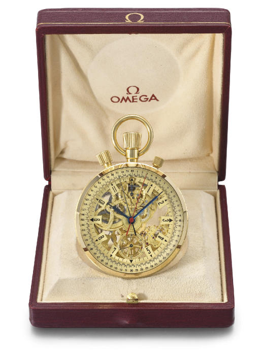 Omega. A fine, large and rare 18K gold limited edition skeletonized split seconds chronograph keyless lever watch with original box