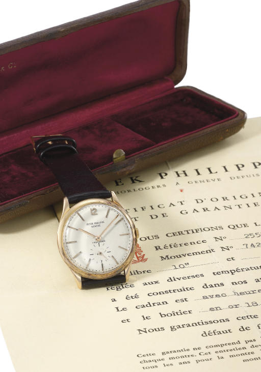 Patek Philippe. A fine and rare 18K pink gold wristwatch with original certificate and box