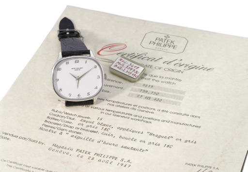 Patek Philippe. A very fine, rare and unique 18K white gold cushion-shaped two time zone wristwatch with white lacquer dial and applied white gold Breguet numerals, original certificate and sales tag