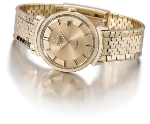 Omega. A fine 18K pink gold self-winding water-resistant wristwatch with sweep centre seconds, date, bracelet, half-hooded lugs and box