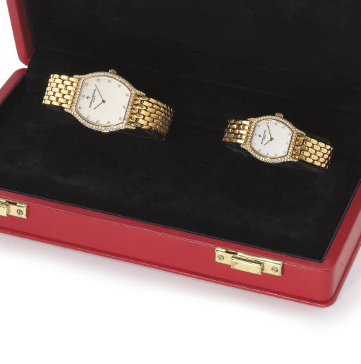 Vacheron Constantin. A lot of two 18K gold and diamond-set tonneau-shaped wristwatches with bracelets