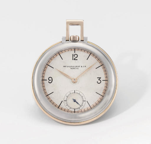 Patek Philippe. A fine, rare and unusual stainless steel and 18K pink gold openface keyless lever dress watch with two-tone silvered and pink dial