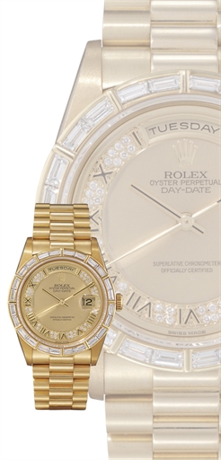 ROLEX, DAY-DATE REF. 18368.18K GOLD AND DIAMOND-SET SELF-WINDING BRACELET WATCH WITH SWEEP SECONDS, DAY AND DATE DISPLAY