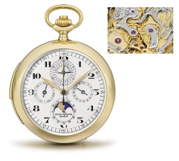 Patek Philippe. A very fine and rare 18K gold openface minute repeating perpetual calendar chronograph keyless lever watch with moon phases