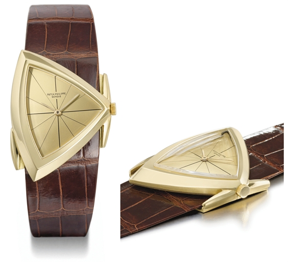 Patek Philippe. An extremely fine and rare 18K gold asymmetrical wristwatch with champagne dial