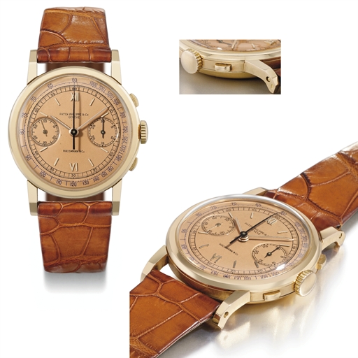 Patek Philippe. An extremely fine, large and rare 18K pink gold chronograph wristwatch with pink dial and elongated facetted lugs