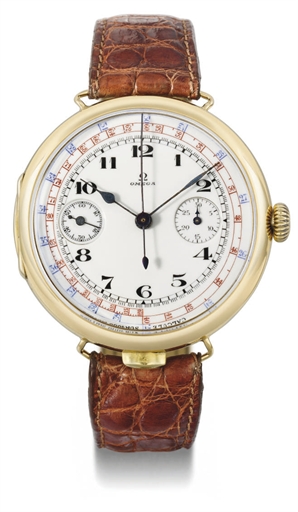 Omega. A fine, rare and large 18K gold hinged single button chronograph wristwatch with enamel dial