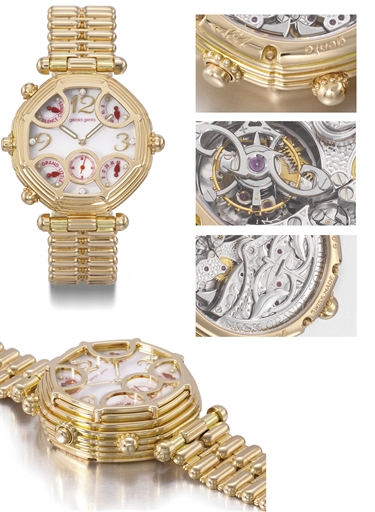 Gerald Genta. An extremely fine and unique 18K pink gold automatic two train minute repeating grande and petite sonnerie tourbillon wristwatch with power reserve, diamond-set mother-of-pearl dial, bracelet and Westminster Chime