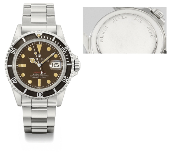Rolex. An extremely rare stainless steel automatic wristwatch with sweep centre seconds, date, brown dial, bracelet and box, made for the Peruvian Airforce