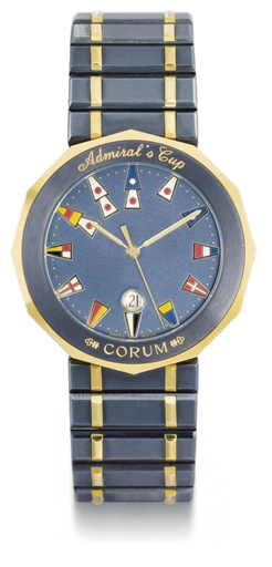 Corum. A stainless steel and gold polygonal-shaped wristwatch with sweep centre seconds, date and bracelet