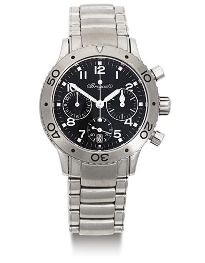 BREGUET. A STAINLESS STEEL AUTOMATIC CHRONOGRAPH WRISTWATCH WITH DATE AND BRACELET