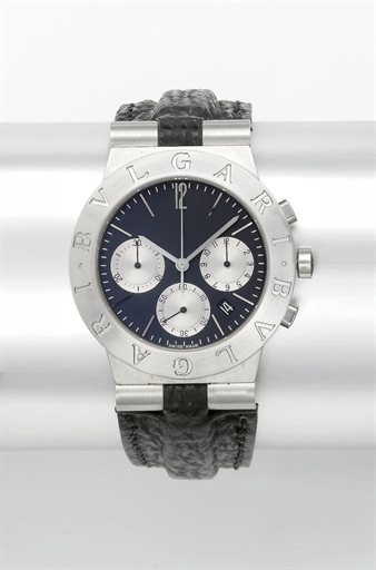 Bulgari. A stainless steel chronograph wristwatch with date and black dial