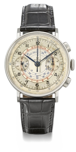 Omega. An attractive stainless steel chronograph wristwatch with two-tone silvered dial