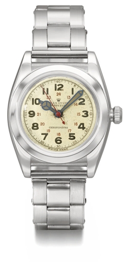 Rolex. An unusual stainless steel automatic bubble back wristwatch with sweep centre seconds, 24 hour indication and bracelet