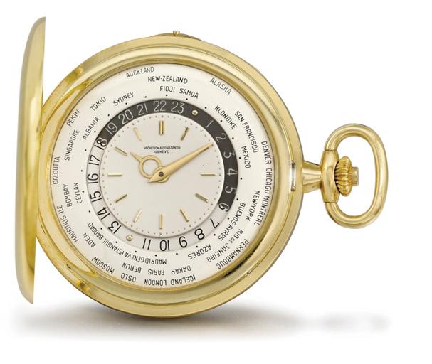 Vacheron Constantin. A rare and unusual 18K gold hunter case keyless lever world time watch