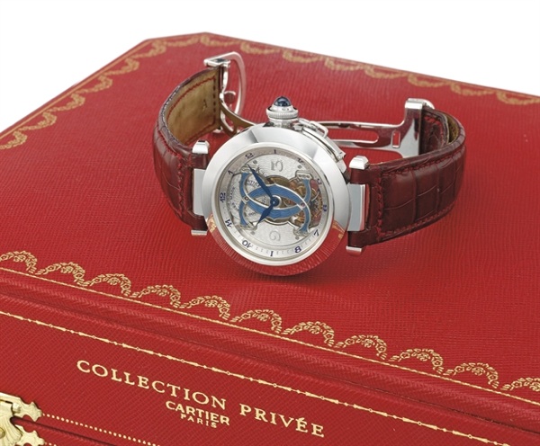 Cartier. A very fine and rare 18K white gold limited edition one minute tourbillon wristwatch with enamel bridge