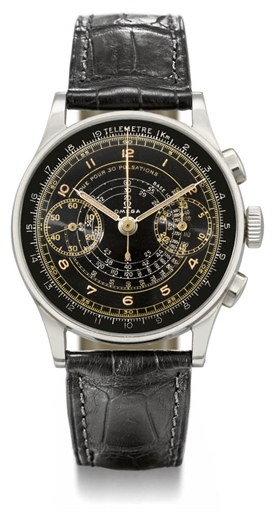 Omega. A large and very attractive stainless steel chronograph wristwatch with black dial and pulsometre