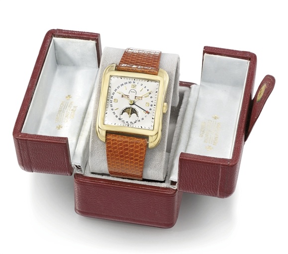Vacheron Constantin. A very fine, large and rare 18K gold square-shaped triple calendar wristwatch with moon phases, box and servicing invoice
