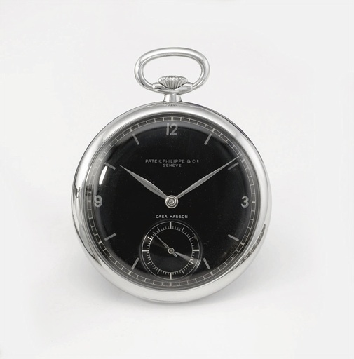 Patek Philippe. A rare and unusual stainless steel openface keyless lever watch with black dial