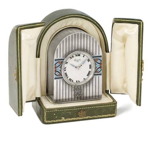 Breguet. A very fine and rare silver and enamel Art Deco 8-day miniature hump-back desk timepiece with original box, made for King Fouad I of Egypt