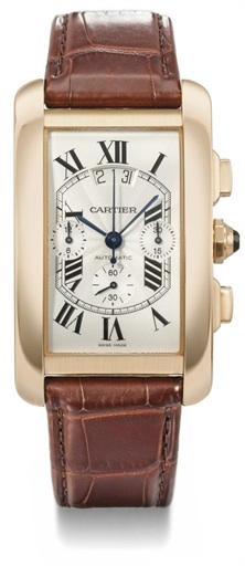 Cartier. A large 18K pink gold rectangular curved automatic chronograph wristwatch with date