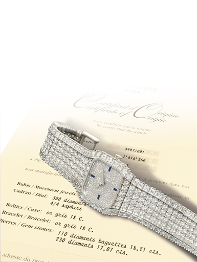 PATEK PHILIPPE, REF. 3997/1.WHITE GOLD MANUALLY-WOUND BRACELET WATCH, ENTIRELY SET WITH 340 BAGUETTE AND BRILLIANT-CUT DIAMONDS (~35.28 CTS)