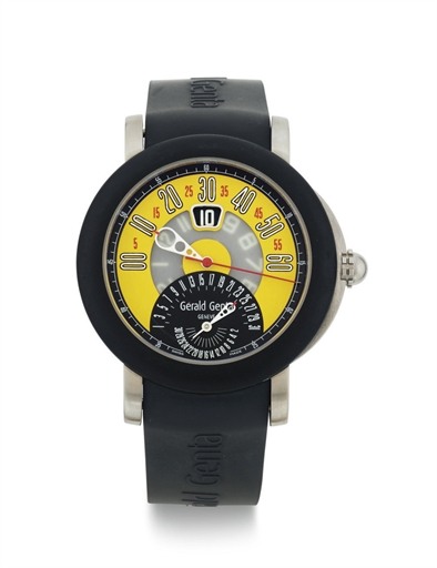 GERALD GENTA. A TITANIUM AUTOMATIC JUMP HOUR WRISTWATCH WITH RETROGRADE MINUTES AND DATE