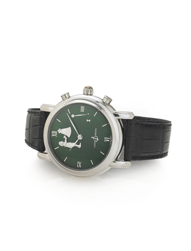 ULYSSE NARDIN. A FINE AND RARE PLATINUM AUTOMATIC HOUR STRIKING CLOCK WATCH WITH AUTOMATON JACQUEMART AND ENAMEL DIAL