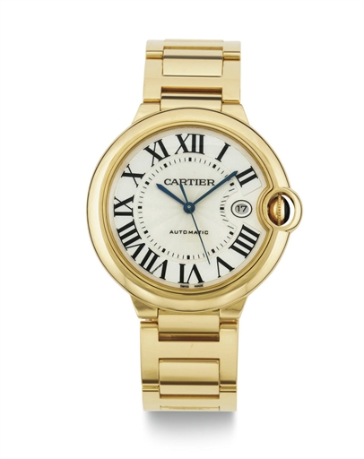 CARTIER. AN 18K GOLD AUTOMATIC WRISTWATCH WITH DATE AND BRACELET