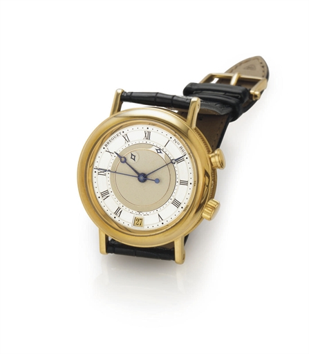 BREGUET. A FINE 18K GOLD AUTOMATIC WRISTWATCH WITH ALARM AND DATE
