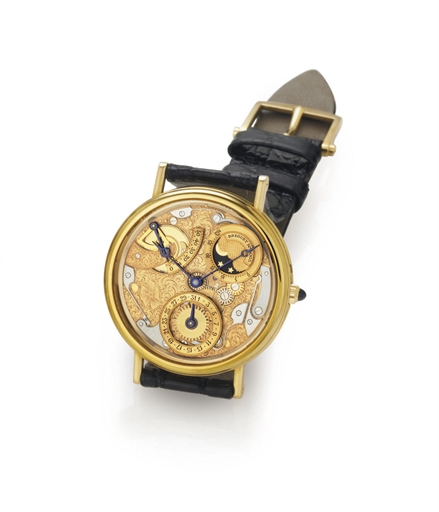 BREGUET. A FINE AND RARE 18K GOLD AUTOMATIC SKELETONIZED WRISTWATCH WITH DATE, POWER RESERVE AND MOON PHASES