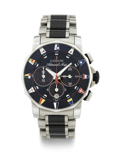 CORUM. A LIMITED EDITION STAINLESS STEEL AND GRAPHITE AUTOMATIC CHRONOGRAPH WRISTWATCH WITH DATE AND BRACELET