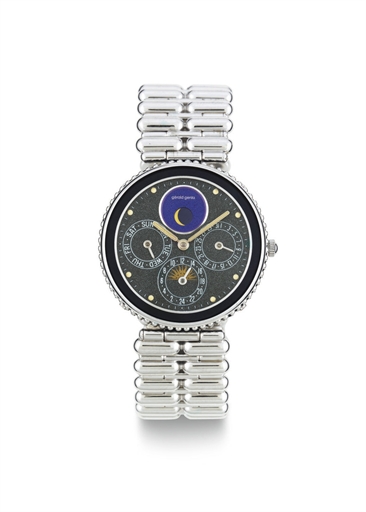 GERALD GENTA. AN 18K WHITE GOLD WRISTWATCH WITH DAY, DATE, 24 HOUR AND MOON PHASES