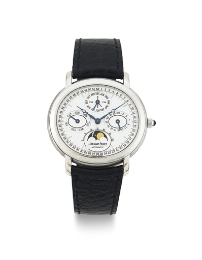 AUDEMARS PIGUET. AN 18K WHITE GOLD PERPETUAL CALENDAR WRISTWATCH WITH MOON PHASES