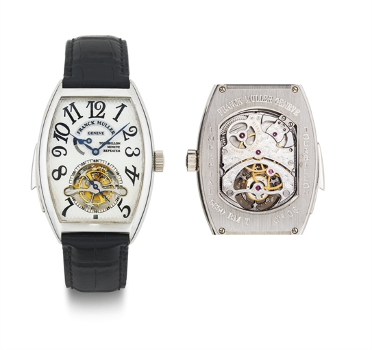 FRANCK MULLER. A FINE, RARE AND LARGE TONNEAU-SHAPED LIMITED EDITION PLATINUM MINUTE REPEATING TOURBILLON WRISTWATCH