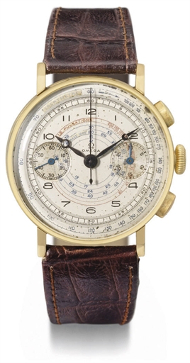 Omega. A large and attractive 18K gold chronograph wristwatch with two-tone silvered dial and pulsometre