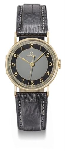 Omega. An unusual and attractive 14K gold hinged wristwatch with two-tone dial and sweep centre seconds
