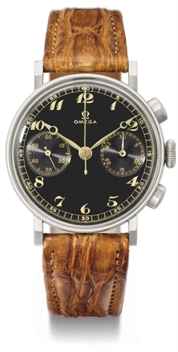 Omega. A large and attractive stainless steel chronograph wristwatch with black dial and Breguet numerals