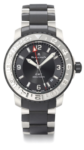 Blancpain. A stainless steel and rubber automatic dual time wristwatch with centre seconds, date and stainless steel and rubber bracelet