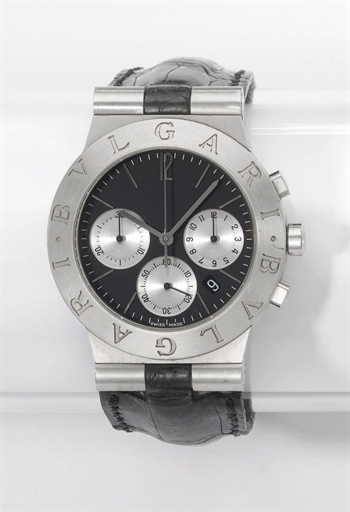 Bulgari. A stainless steel chronograph wristwatch with date and black dial