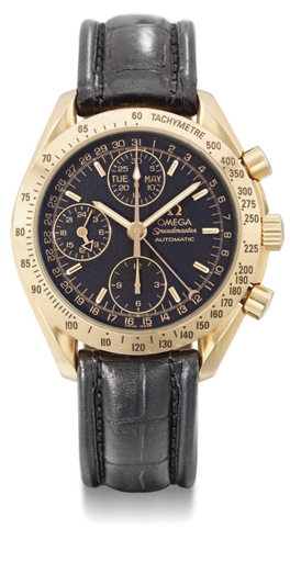 Omega. An 18K pink gold automatic triple calendar chronograph wristwatch with black dial