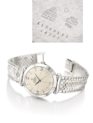 Omega. An extremely fine and rare 18K white gold automatic wristwatch with sweep centre seconds, hooded lugs and bracelet