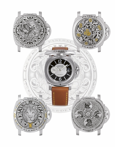 PANERAI, LUMINOR SEALAND FOR PURDEY, REF. PAM00152-PAM00155.SPECIAL SET OF FOUR STAINLESS STEEL AUTOMATIC WRISTWATCHES WITH ENGRAVED COVERS, SMALL SECONDS AND DATE DISPLAY, LIMITED EDITION OF 100