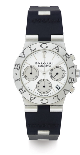 BULGARI. A STAINLESS STEEL AND RUBBER AUTOMATIC CHRONOGRAPH WRISTWATCH WITH DATE