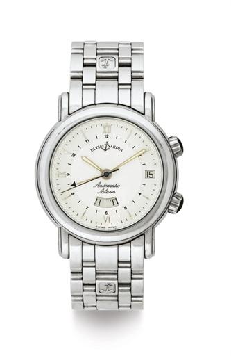 ULYSSE NARDIN. A STAINLESS STEEL AUTOMATIC WRISTWATCH WITH DATE AND ALARM
