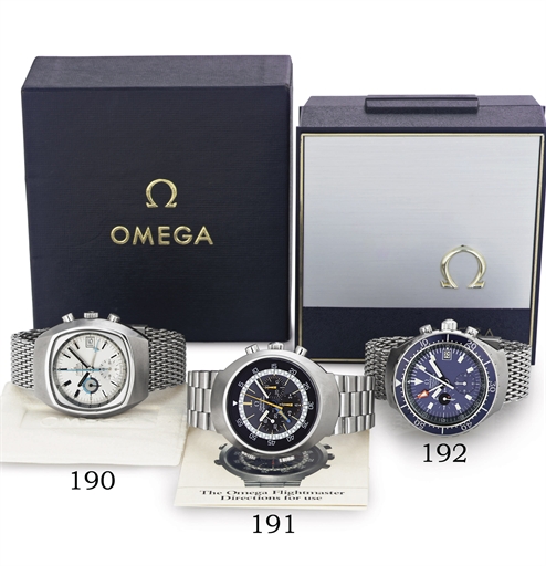 OMEGA. A STAINLESS STEEL DUAL TIME AVIATOR'S CHRONOGRAPH WRISTWATCH WITH BRACELET